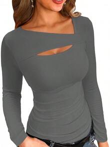 Womens Fashion Fall Cutout Long Sleeve Ribbed Slim Fitted Tops Shirts Tee Tshirts - 長灰 - 查看 12