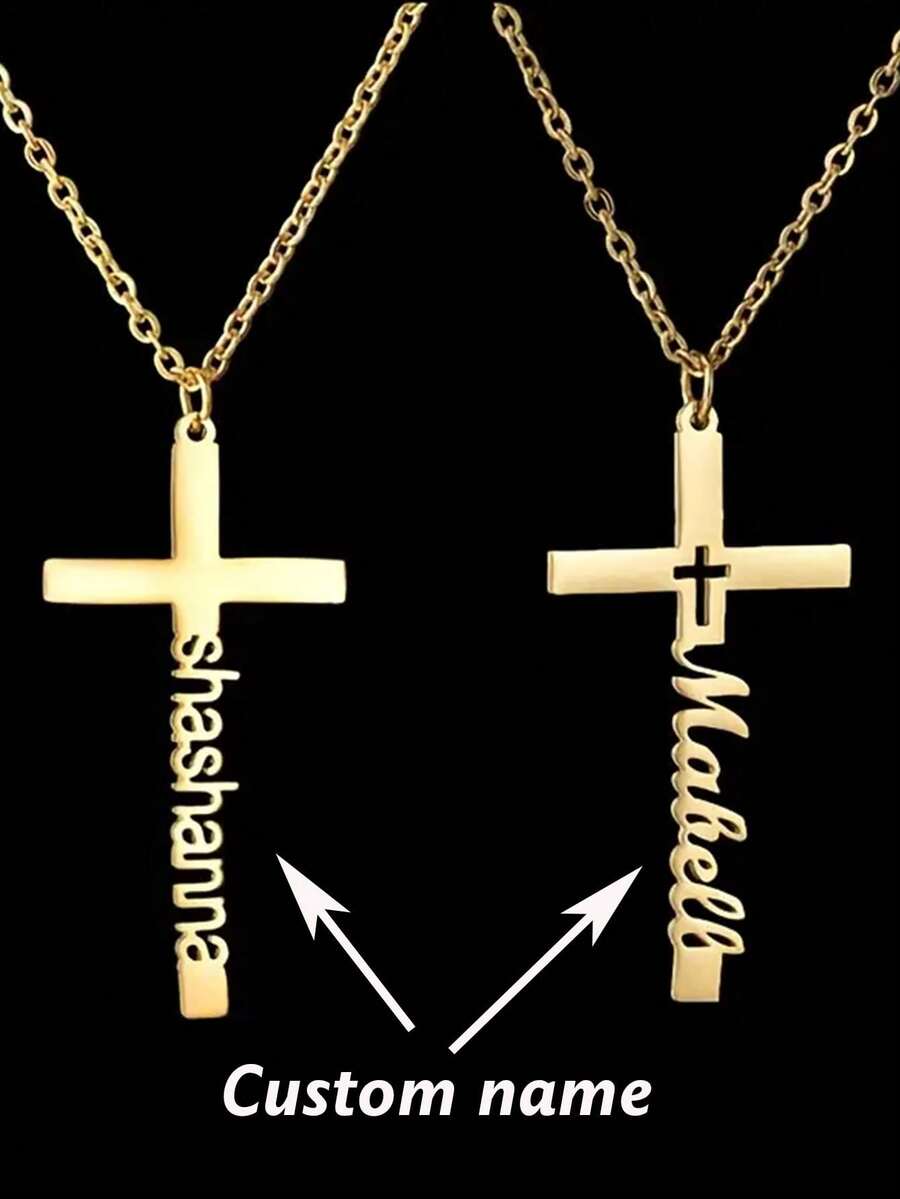 Customized Name Necklace - Customized Stainless Steel Pendant Jewelry - Cross Shaped Birthday Gift Necklace, Christmas Gift - Fashionable Jewelry - Engagement Gift, Charming Necklace, Vintage Pendant, New Necklace, Personalized Jewelry Gift, Meaningful Gift Idea, Customized Chain Jewelry, Vintage Style Jewelry, Elegant Necklace, Durable Metal Pendant, High-Quality Electroplated Jewelry, Gift For Her, Fashionable Accessory - Multicolor - View 1