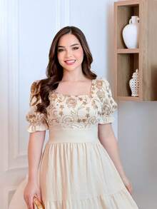 Vestido midi luxo viscomida  bodardo enlegante manga curto