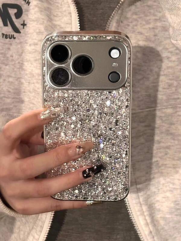 Luxury Shiny Sequin Silver Phone Case Compatible With Iphone 17 Pro Max/17 Pro/17 Air/17/16e, Full Coverage Anti-Drop, Minimalist Acrylic Hard Shell