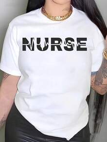 Women's Casual Short-Sleeve Plus Size T-Shirt - Nurse Print With Lettering, Mid-Ball Crew Neck, Machine Washable, Comfortable Fit, Nurses Appreciation Gift, Humorous Graphic T-Shirt, Relaxed - White - View 1