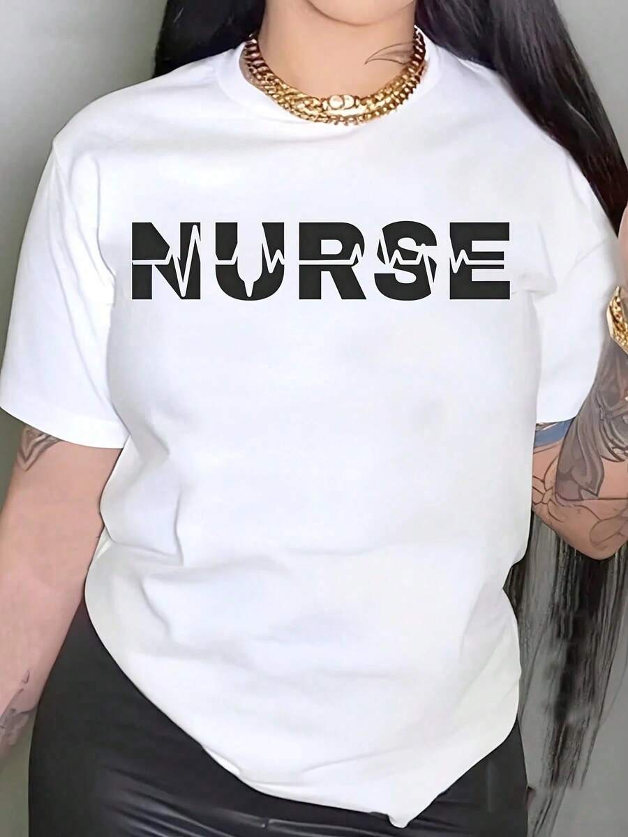 Women's Casual Short-Sleeve Plus Size T-Shirt - Nurse Print With Lettering, Mid-Ball Crew Neck, Machine Washable, Comfortable Fit, Nurses Appreciation Gift, Humorous Graphic T-Shirt, Relaxed - White - View 1