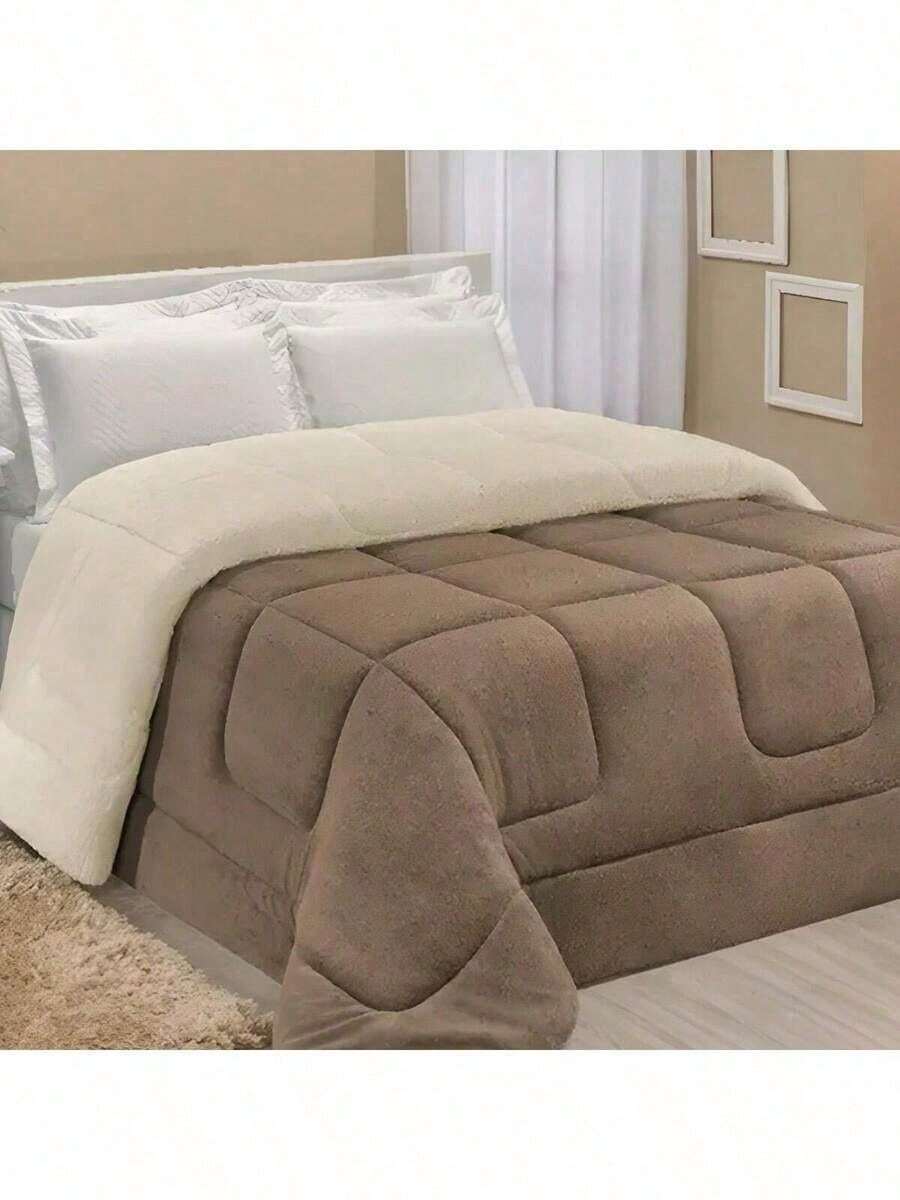 Coberdrom Edredom Sherpa Com Mantinha Cobertor Quarto Casal Queen Grosso Cores 2,40cm x 2,20cm - Caqui - Visão 1