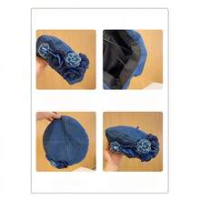 1 Pc New Niche Contrasting Three-Dimensional Flower Denim Beret Hat  And Fashionable Showing Off Face Small Fluffy Artist Hat - 牛仔白花朵牛仔貝雷帽 - 查看 4