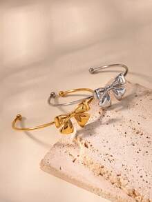 1 Pc Fashion Bow Open Bracelet For Women Gold Color Stainless Steel Geometric Bracelet Birthday Party Jewelry Gift Valentines,Mom,Mother,Mother's Day,Gift