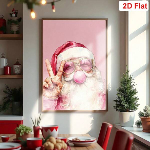 1pc,Christmas Poster,Chic Pink Santa Claus Canvas Art Print - Retro Bubblegum Christmas Wall Decor, Frameless Poster For Living Room & Bedroom, Christmas Home Decor