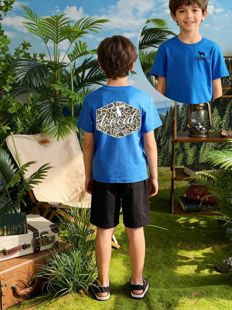 Men's Children's Black T-Shirt With Camouflage Dog Small Print On The Front Chest, And Local Boy Letter Camouflage Dog Moon Pattern Print On The Back. A Casual Boys' Short-Sleeved Shirt Suitable For Daily School Wear, Boys' T-Shirt. - Xanh lam 9 - Xem 1