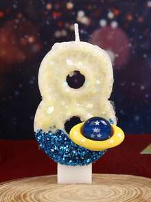 1 件创意生日数字蜡烛蓝色太空星球宇宙元素数字宇宙飞船银河系生日蜡烛蛋糕装饰生日派对周年庆典，闪亮喜庆 - 彩色 - 查看 10