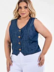 Women's Plus Size And Slim Cropped Jeans Vest - 藍色 - 查看 10