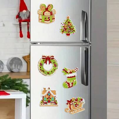 Set de 6 imanes de nevera de pintura de diamantes con diseño de elementos navideños - Kit de pintura de diamantes DIY, efecto de diamante asimétrico brillante, adecuado para decoración del hogar y regalos de Navidad