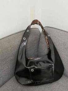 返校猎豹印花托特包，大容量学生单肩包，可翻转腋下包，适合大学生 - 黑色 - 查看 3