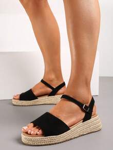 Soft Suede Espadrille Sandals - Women's Summer Casual Shoes - Black - View 2