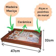 Bandeja Decorativa Cantinho do Café Grande Retangular Rustica Madeira Cerâmica Bandeija Cozinha Chá