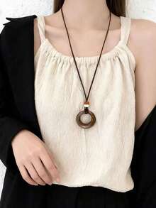 1 buc colier cu pandantiv cerc geometric vintage, lanț lung pentru pulover inspirat de Zen, pandantiv rotund cu amuletă în stil chinezesc de înaltă calitate, lungime reglabilă, purtare zilnică pentru femei, toamnă/iarnă