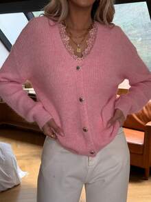 Women's V-Neck Cardigan - Lace Collar Decorated With Crystal Rhinestones, Solid Color Knit Sweater, Long Sleeve Open Front, Showcasing Feminine Casual Chic Style - Pink - View 8