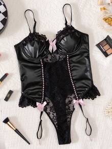 New PU Leather & Lace Splice Crotch Open Split Sexy Seamless Bodysuit Lingerie - Black - View 9