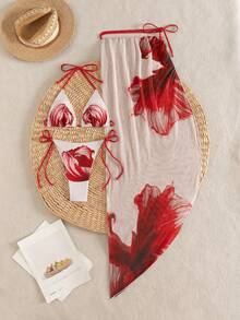 2026 Women's 3-Piece Bikini Set, White Red Floral Print Triangle Cup Swimsuit With Side Tie Bottoms & Beach Skirt, Sexy Summer Beach Vacation Outfit - Multicolor - View 5