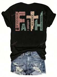 Camiseta gráfica de cruz de unidad de fe para mujeres - Diseño de diversidad religiosa, camiseta de cuello redondo, blanca, lavable a máquina, ropa casual de iglesia para todos los días, moda de verano, camiseta de manga corta, fácil cuidado, inspiradora, comunidad de fe, camiseta suelta, casual y versátil - Negro - Ver 1