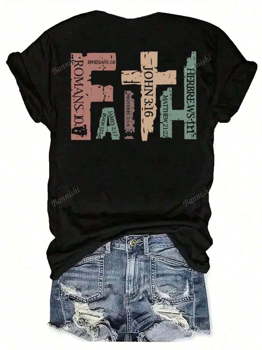 Camiseta gráfica de cruz de unidad de fe para mujeres - Diseño de diversidad religiosa, camiseta de cuello redondo, blanca, lavable a máquina, ropa casual de iglesia para todos los días, moda de verano, camiseta de manga corta, fácil cuidado, inspiradora, comunidad de fe, camiseta suelta, casual y versátil - Negro - Ver 1