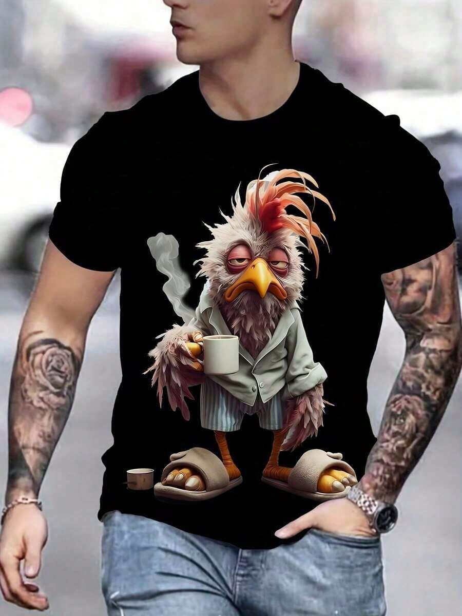 Camiseta casual para hombres con diseño de estampado de gallo - Negro - Ver 1