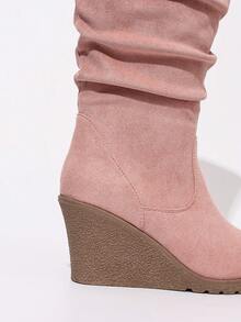 柔软面料褶裥侧拉链中筒圆头粗跟切尔西靴，百搭优雅通勤日常时尚女式踝靴 - 粉色 - 查看 4