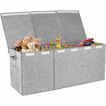 Baul para Juguetes, Caja para Juguetes con 2 Bolsillos Laterales de Malla, 96x 36x 41, Bal para Juguetes con 2 Divisores y Tapa, 3 Compartimentos, Almacenamiento de Juguetes Gris - gris - Ver 2