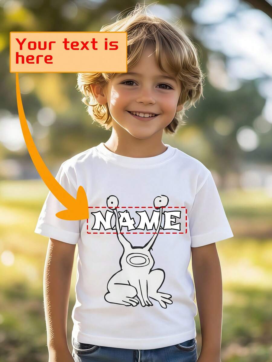 Customized Printed Children's Fashion T-Shirts- Frog With Name Placeholder Printed With Your Favorite Name, Children's Pattern T-Shirts, Custom Autumn And Winter Clothing, Halloween, Thanksgiving, Christmas, Fast Delivery - 白色 - 查看 1
