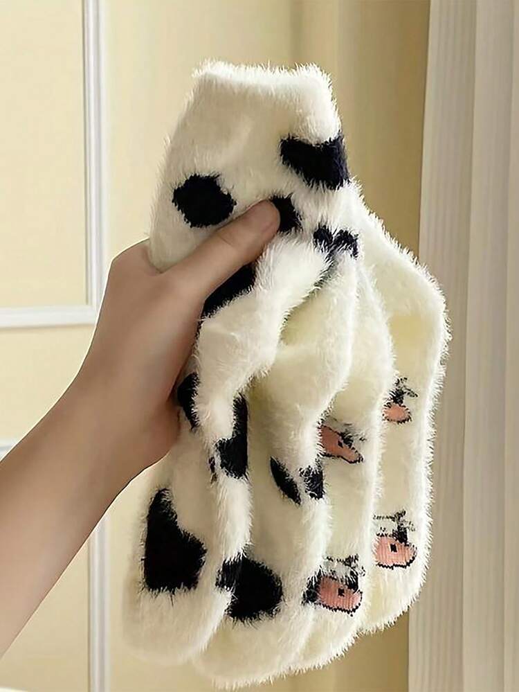 2 pares de calcetines de media caña de vaca estampados, esponjosos y suaves para mujer, para otoño/invierno, calcetines acogedores - Blanco y Negro - Añade 5