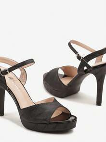 Platform High Heel Sandals With Abstract Pattern - Black - View 6