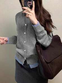 女士宽松针织开衫毛衣外套，二合一设计，秋冬舒适休闲风格 - 灰色 - 查看 3
