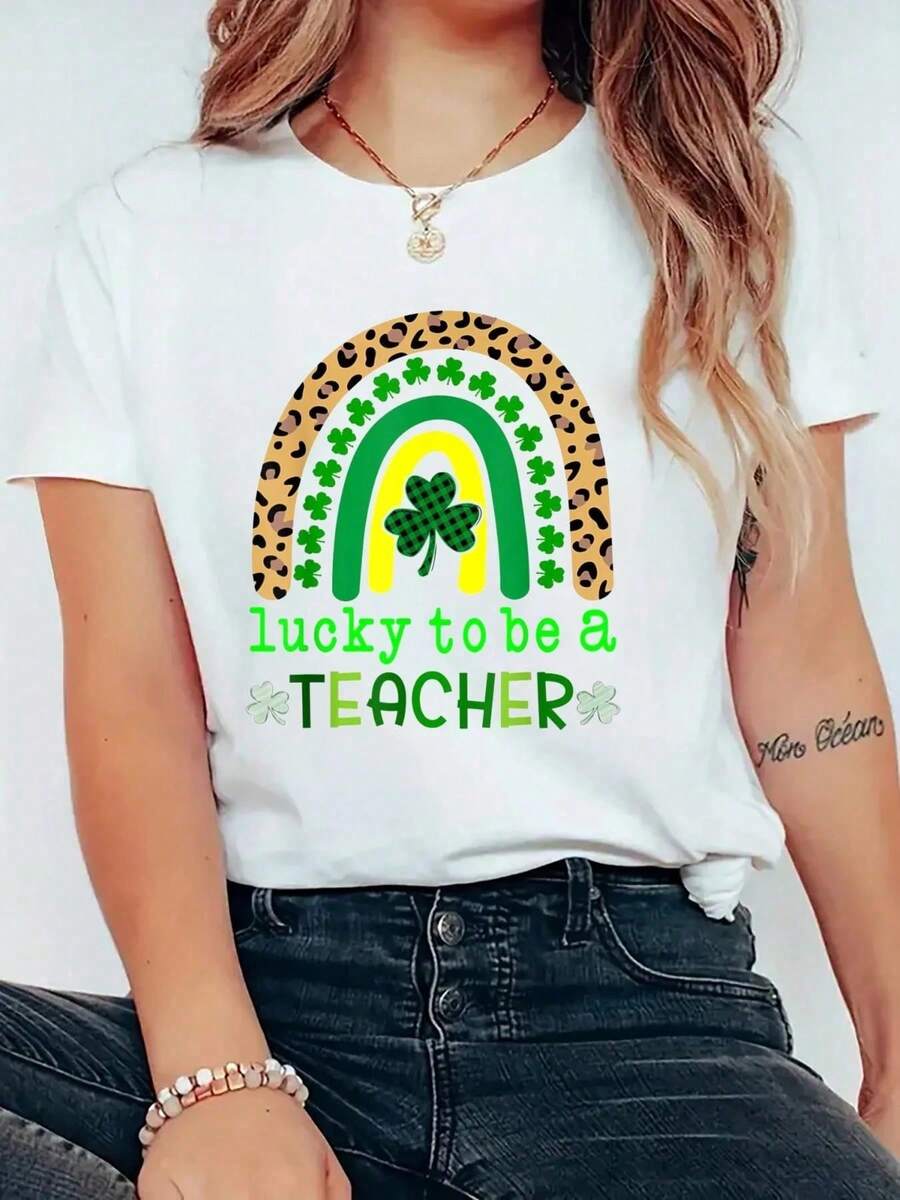 Lucky To Be A Teacher Rainbow St Patrick's Day For Women Women Print T-Shirt Casual Crew Neck Short Sleeve Comfort Tee Top For Spring & Summer Women's Clothing Christmas Gifts 67 - 白色 - 查看 1