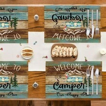 1 件/4 件/6 件户外露营图案印花亚麻餐垫，适用于餐桌、四季装饰、现代可洗桌垫、房间装饰、杯垫、厨房餐垫、室内外派对装饰、家居装饰、理想礼物 - 彩色 - 查看 6