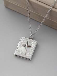 1PC Vintage Unisex Necklace Silver-Tone Flip-Open Book Pendant Suitable For Both Men And Women Everyday Wear Jewelry - vòng cổ - Xem 4