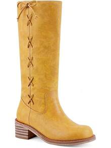 Women's Knee High Chunky Block Heel Square Toe Low Heel Boots, Style - Lace Yellow - View 1