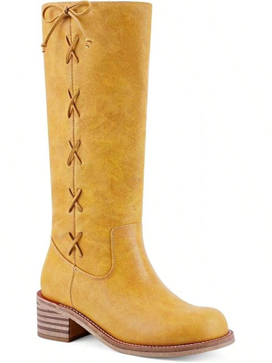 Women's Knee High Chunky Block Heel Square Toe Low Heel Boots, Style - Lace Yellow - View 1