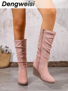 柔软面料褶裥侧拉链中筒圆头粗跟切尔西靴，百搭优雅通勤日常时尚女式踝靴 - 粉色 - 查看 6