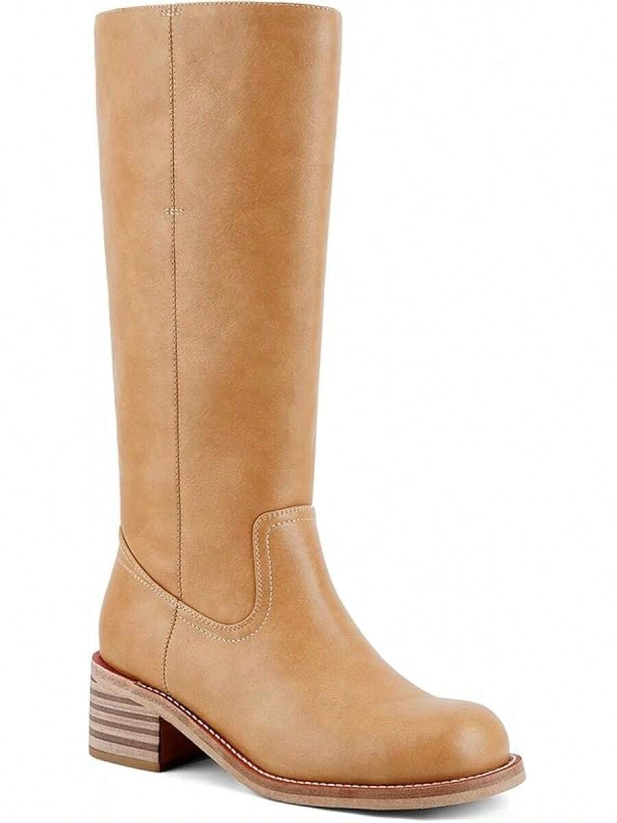 Women's Knee High Chunky Block Heel Square Toe Low Heel Boots, Style - Brown - View 1