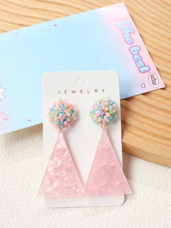 1 Pair Cute Christmas Acrylic Earrings, Large Beaded Triangle Christmas Tree Sweet Ins Style Women Earrings, Holiday Gift