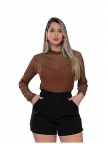 Women's Long Sleeve Tulle Blouse With High Neck Transparent Elegant - Casual Fashion And Fashion Simple Transparent None Holiday Evening All Seasons - 鏽棕色 - 查看 7