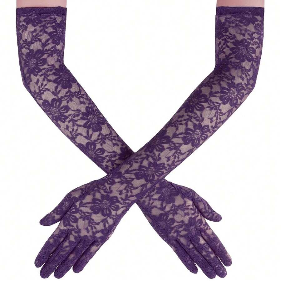 Lace Gloves Women Elbow Length Tea Party Opera Princess Lace Gloves For Women Girls{"Color_name":"Purple"} - 紫色 - 查看 1
