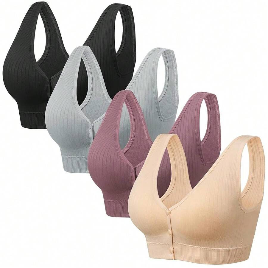 Angelhood Front Close Wireless Bras For Women, Smoothing Padded Bralette, Comfortable Snap Closing Bras, 4 Pack{"Color_name":"CharcoalBlack/NudeBeige/GainsboroGray/MauvePurple","Size_name":"Medium"} - 多色19 - 查看 1