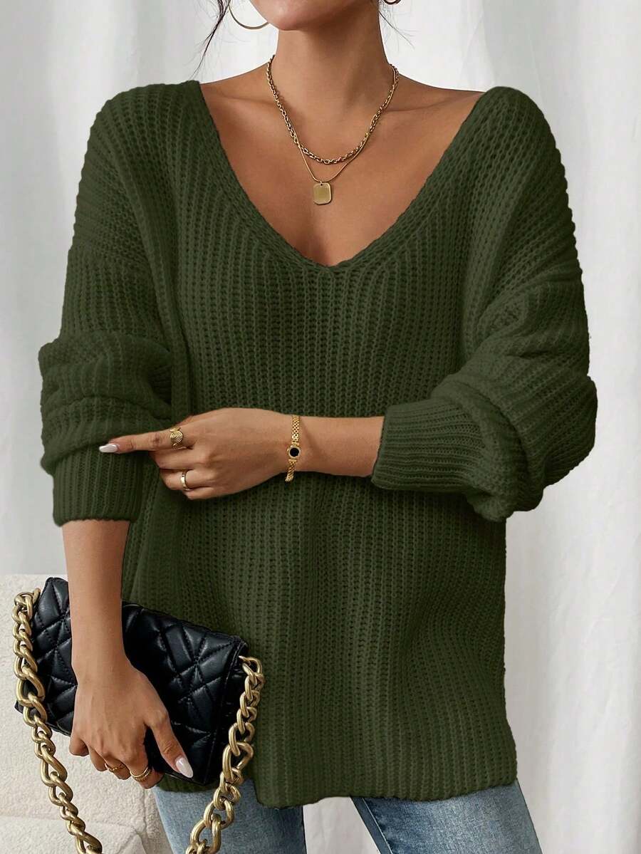 Plus Size Women V-Neck Dropped Shoulder Long Sleeve Loose Casual Knit Sweater, Suitable For Autumn/Winter, Pullover Style - Army Green - View 1