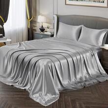 Silky Soft Pink Twin XL Satin Bed Sheets Set, 1 Deep Pocket Fitted Sheet + 1 Flat Sheet + 1 Pillowcase,  In 2025 - 銀灰 - 查看 1