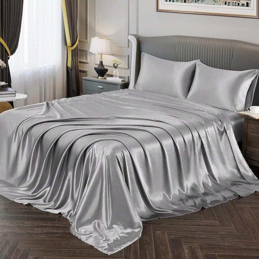 Silky Soft Pink Twin XL Satin Bed Sheets Set, 1 Deep Pocket Fitted Sheet + 1 Flat Sheet + 1 Pillowcase, In 2025 - 銀灰 - 查看 1