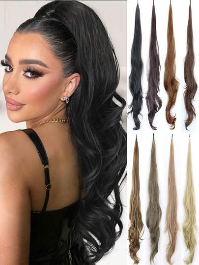 Extensão de rabo de cavalo, extensão de rabo de cavalo flexível, enrolado em volta, longo, ondulado, cacheado, rabo de cavalo natural, aplique de cabelo sintético para mulheres, 32 polegadas