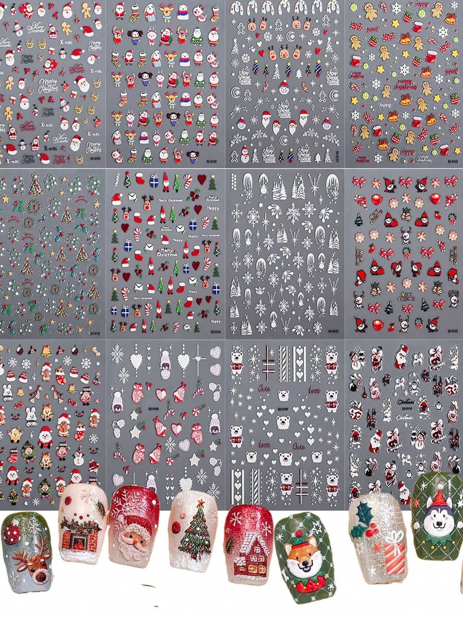 Miếng dán móng nghệ thuật Giáng sinh 2025 5D 1 miếng dán móng tay hình ông già Noel nổi hình cây thông Noel với pha lê 1 miếng dán móng tay hình gấu dễ thương hình kẹo que bông tuyết hình Giáng sinh dùng để trang trí móng tay ngày lễ - Nhiều màu - Xem 1