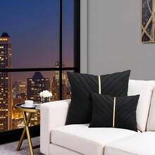 Navy Blue Velvet Throw Pillow Covers 18 X 18 Inch Pack Of 2 With Gold Leather Decor For Couch, Luxury Modern Pillowcases For Living Room, Bedroom Sofa Cushion Bed - 黑色 - 查看 4
