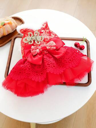 1 件宠物衣服，适合小型犬的可爱狗/猫服装，温暖舒适的秋冬服装，装饰性新年连衣裙