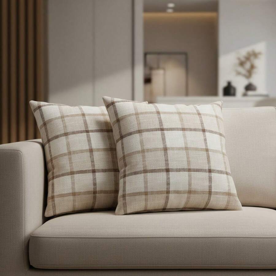 Set Of 2 Decorative Pillow Covers 45x45cm Rustic Linen Style - Khaki - View 1