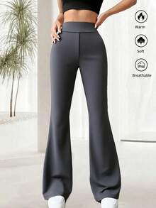 休闲裤、紧身裤、高腰运动裤、夏季阔腿瑜伽跑步训练喇叭裤、松紧腰带、弹力工作裤、修身裤 - 灰色 - 查看 4